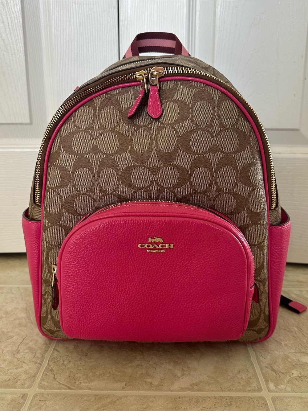 Coach Court Backpack in signature  Canvas Style with Pink Leather Trim